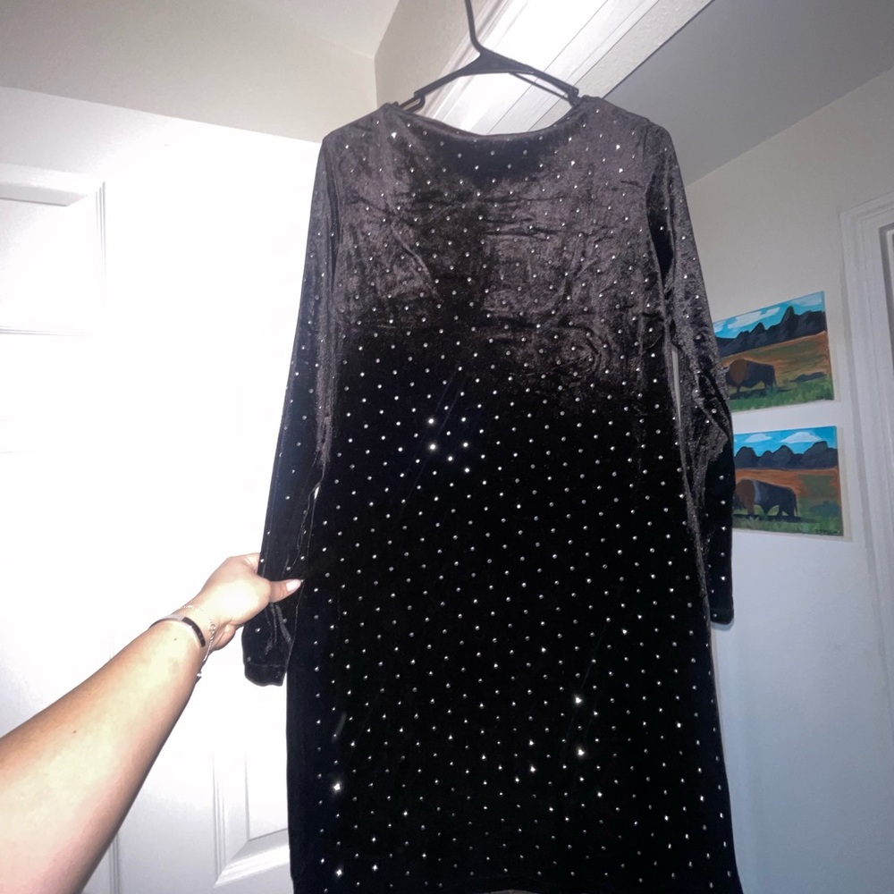 Elegant Black Velvet Dress with Silver Accents All Over